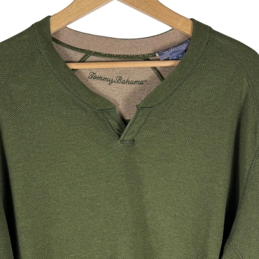 Tommy Bahama Reversible Split Neck Sweatshirt Mens XL Olive Green Tan